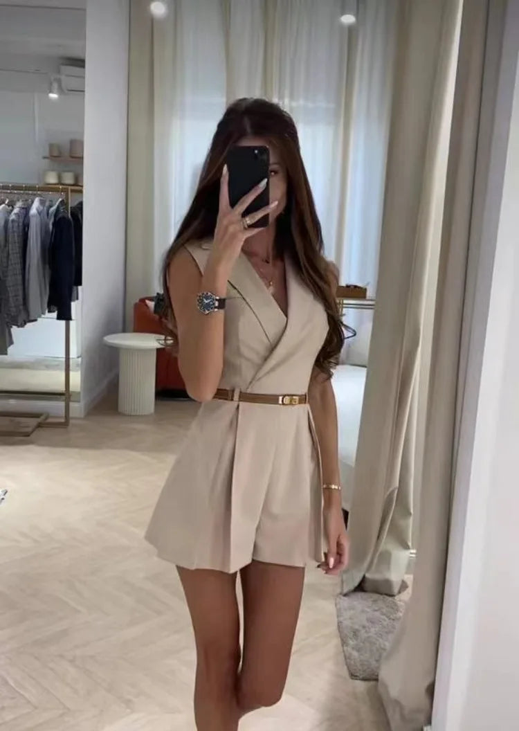 Summer Jumpsuit With Belt Sleeveless Turndown Collar Slim Short Jumpsuits Female Sping Lady Romper