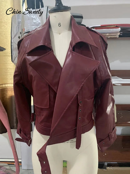 Leather Short Leather Jacket With Belt Lapel Long Sleeved Cropped Coat New Lady Street Party New Outwears _