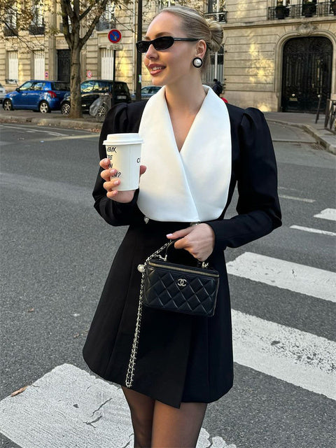 Autumn Mini Dress for Patchwork Slim Long Sleeve V-neck High Waist Commute Female Party Dress