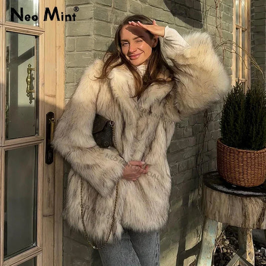 Brand Fluffy Faux Fur Jacket Winter Long Thicken Warm Gradient Fox Fur Coat Furry Overcoat