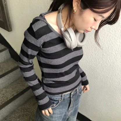 Vneck Striped Simple Knitted Tops Mujer Street Allmatch Hoodie Coat Y2k Slim Fit Long Sleeve Pullovers