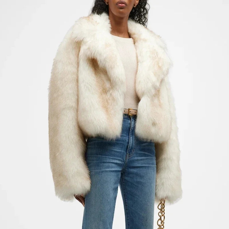 Brand Runway Yellow Gradient Cropped Fluffy Fur Jacket Coat Winter Thicken Faux Fox Fur Outerwear