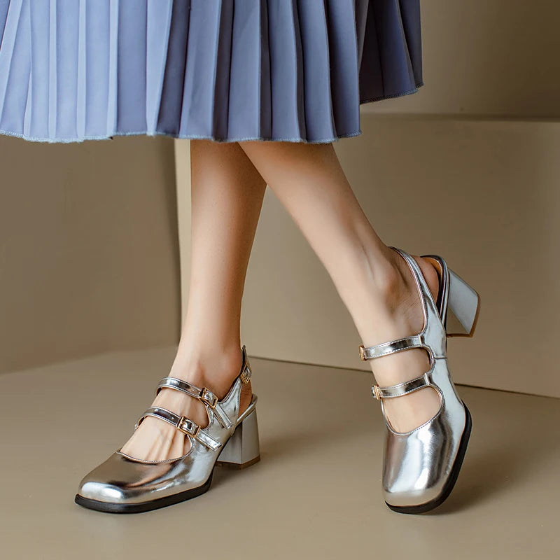 44 45 46 Black Silver Chunky High Heels Mary Jane Shoes Square Toe Double Buckle Pumps Slingback Sandals
