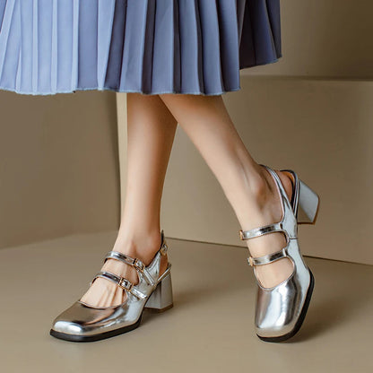 44 45 46 Black Silver Chunky High Heels Mary Jane Shoes Square Toe Double Buckle Pumps Slingback Sandals