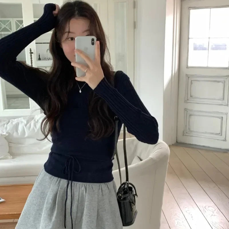 Autumn New High Street Slim Thread Long Sleeve Sweater + Color Laceup Camisole Twopiece Suit