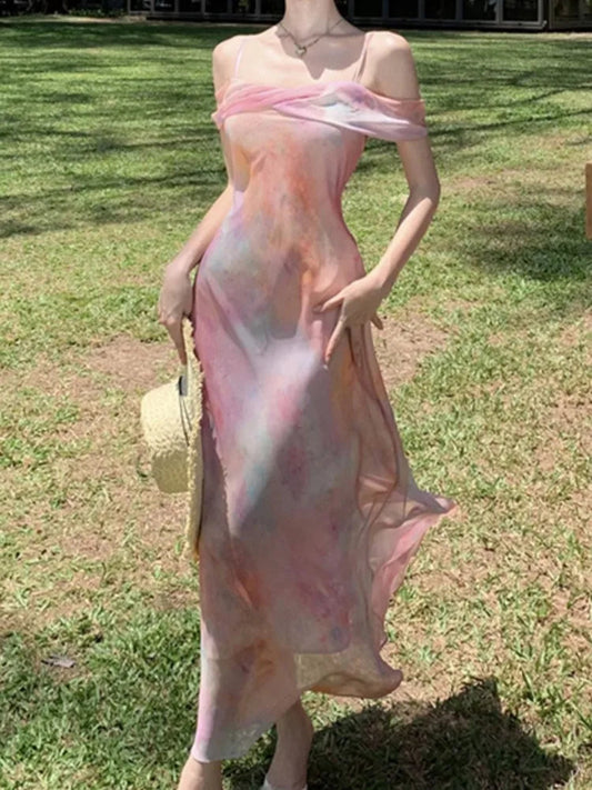 Summer Midi Dress Spaghetti Strap Beach Holiday Party Vestidos Female Clothes Robe New