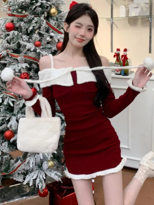 Kawaii Christmas Mini Dress Y2k Sweet Spaghetti Strap Slash Neck Birthday Party Dresses Bodycon Vestidos Female Outfits