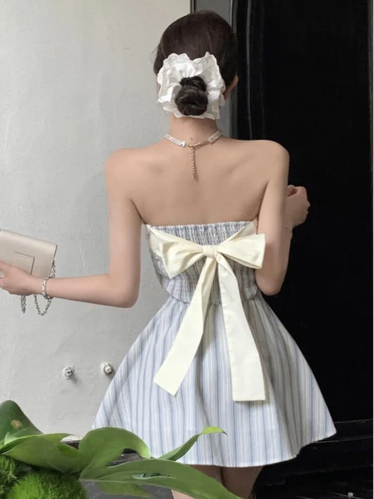Y2k Strapless Mini Dresses for Bow Patchwork A-line Birthday Party Dress Korean Prom Short Vestidos Mujer