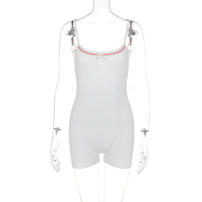 Pastel Gothic Playsuits Shorts Coquette Aesthetic Bodycon Kwaii Rompers White Bow Backless Ribbed Tops