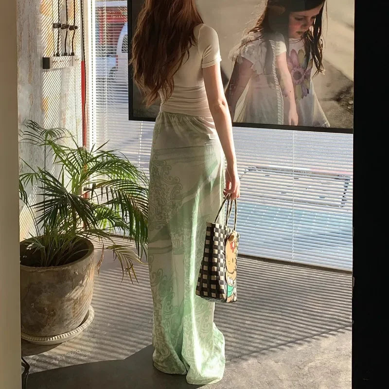 American Print Green Aline Skirt Summer New High Waist All Match Patchwork Midlength Skirt