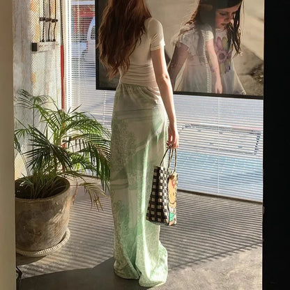 American Print Green Aline Skirt Summer New High Waist All Match Patchwork Midlength Skirt