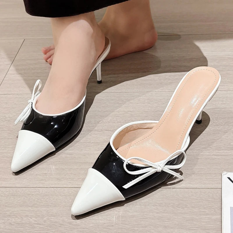 Butterflyknot Pointed Toe Mule Slippers Thin Heels Party Dress Female Shoes