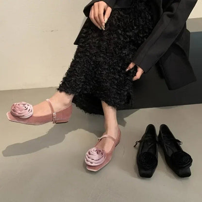 Flock Flowers Flat Shoes for Shallow Dress Shoes Comfort Soft Sole Square Toe Designer Mary Jane Ballet Shoes