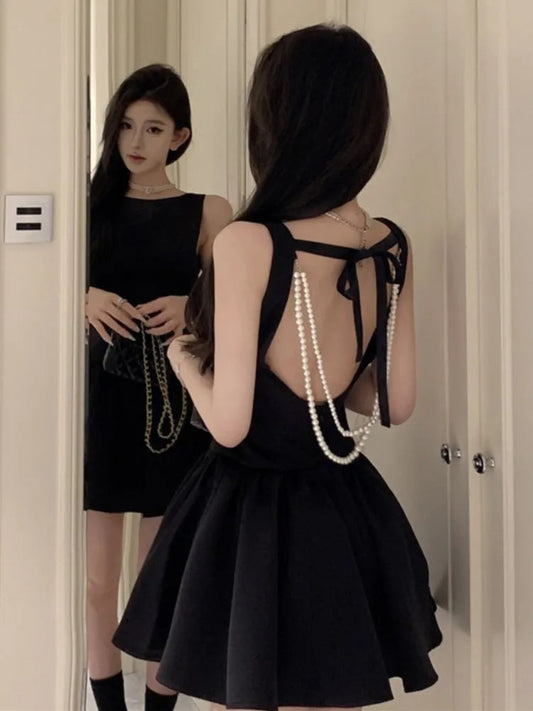Korean Romantic Pearl Chain Backless Lace Up Princess Mini Dresses Sweet a Line Dress Birthday Evening Party Clothes