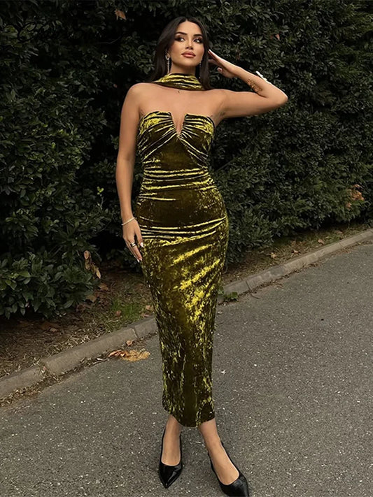 Halter Velvet Midi Dresses Backless Pleated Zipper Green Party Dress Female Spring Summer Lady Slim Fit Robes