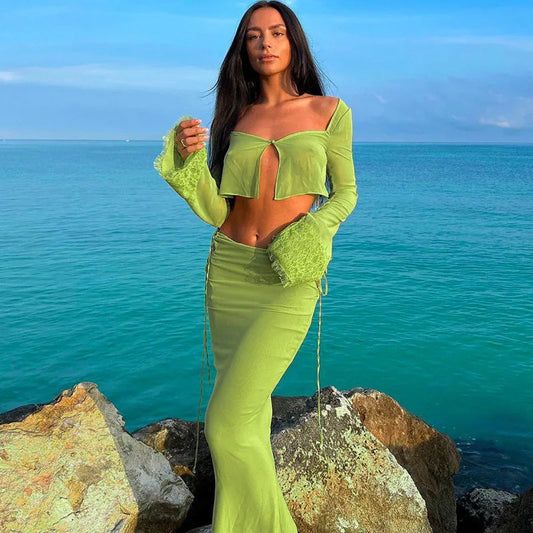 New Female Blouse Gradient Color Longsleeved Blouse Hanging Neck Halter Contrast Color Long Skirt Twopiece Suit