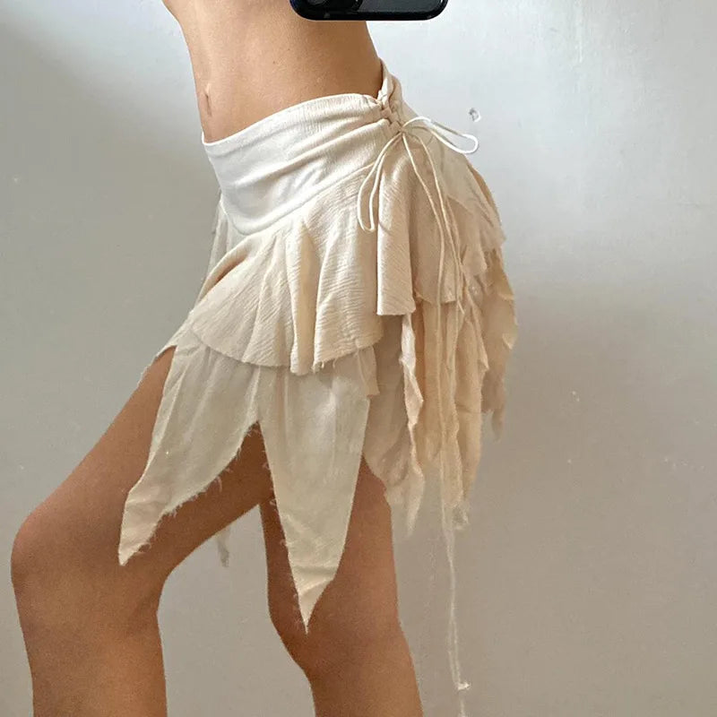 Y2k Irregular Short Skirt Bandage Ruffle Wrap Dress Female Club Street Clothing Summer Low Waist Skirt
