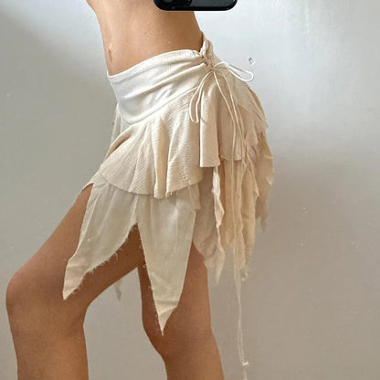 Y2k Irregular Short Skirt Bandage Ruffle Wrap Dress Female Club Street Clothing Summer Low Waist Skirt
