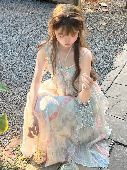 Kawaii Sweet Y2k Japanese Midi Dress Lace Design Camisole Dresses French Evening Party