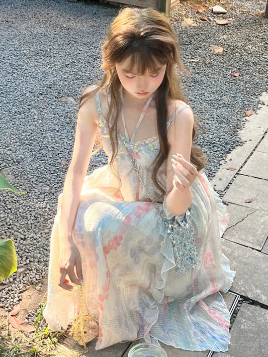 Kawaii Sweet Y2k Japanese Midi Dress Lace Design Camisole Dresses French Evening Party