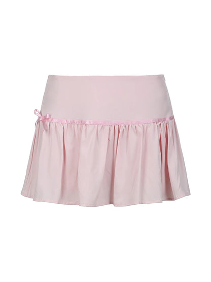 Sweet Y2k Kawaii Pink Bow Pleated Mini Lining Shorts Skirt Korean 2000s Clothing