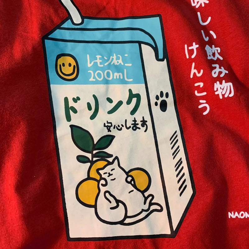 Japanese Cat Print Oversized T-shirt Short Sleeve Loose Tee Shirt Tops Cotton Harajuku Clothing