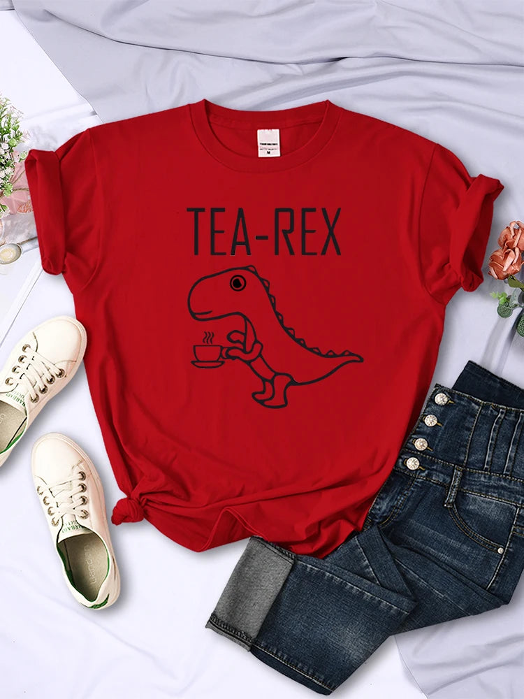 Tea Rex Funny Dinosaur Drink Coffee Female T-shirts Breathable Short Sleeve Personality All-math Tee Clothing Tops