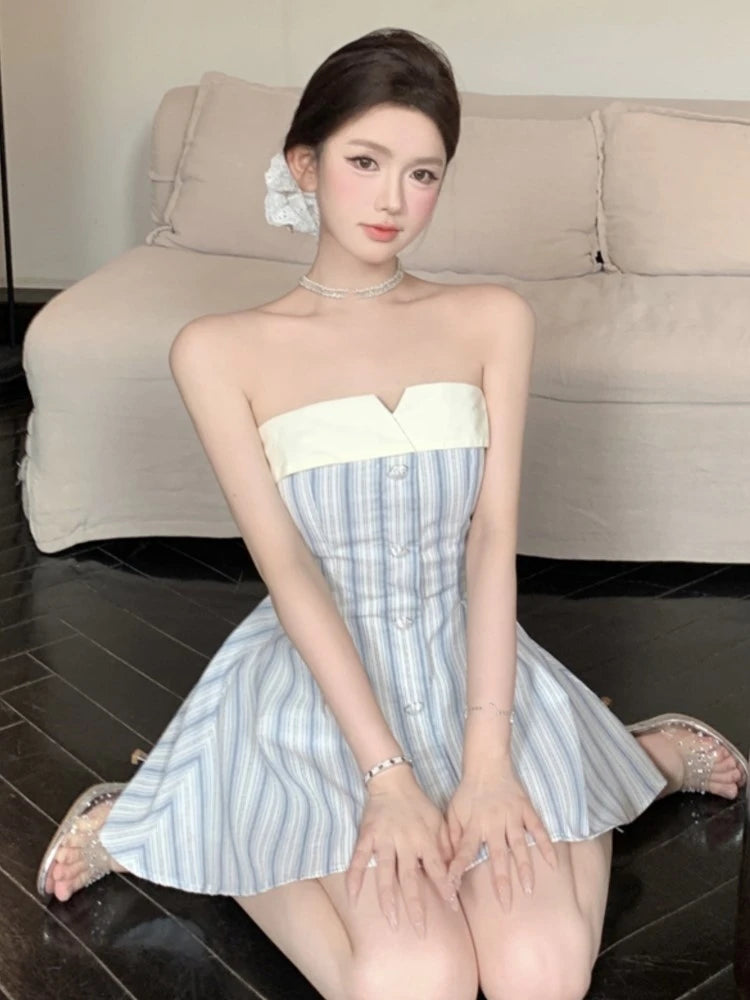 Y2k Strapless Mini Dresses for Bow Patchwork A-line Birthday Party Dress Korean Prom Short Vestidos Mujer