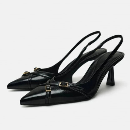 Blue Denim Fabric Slingbacks for Woman Cross Thin Buckle Strap Upper Stiletto Sandals Point Toe Thin Kitten Heel Pump
