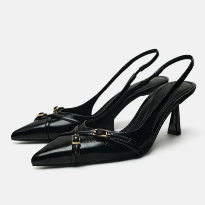 Blue Denim Fabric Slingbacks for Woman Cross Thin Buckle Strap Upper Stiletto Sandals Point Toe Thin Kitten Heel Pump