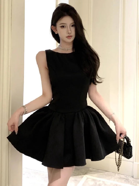 Party Mini Dresses Backless Bow Bandage Pearl Sleeveless Dress Slim French Style