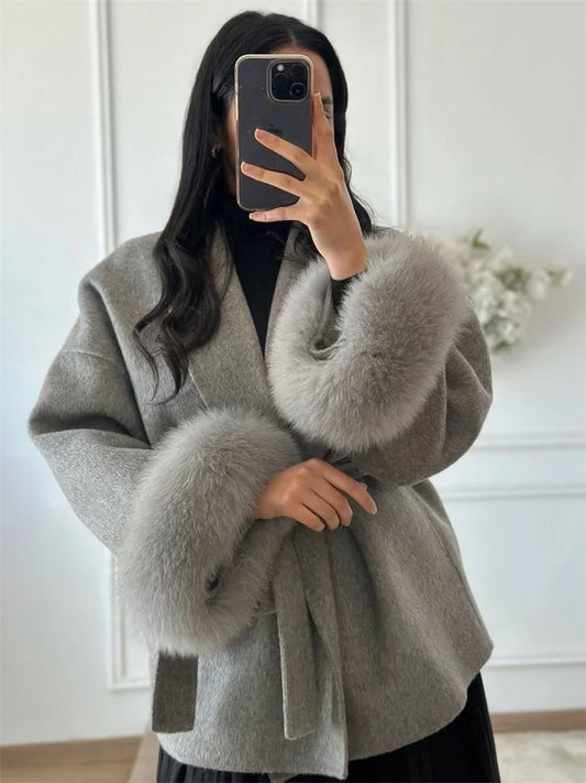 Fox Fur Wool Overcoat ’s Short Coat Office Lady Double-sided Woolen Coat New Cardigan Jackets Loose