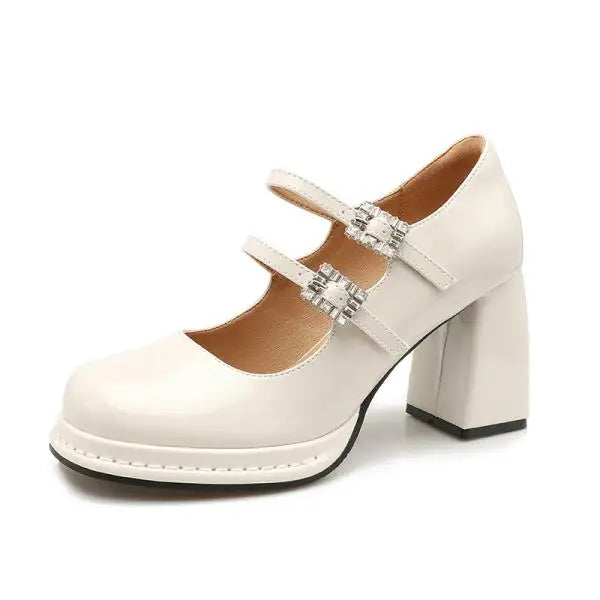 Shallow Mouth High Heel Leather Shoes Slip on Mary Jane Chunky Sandals Increasing Height Clogs for Laceup Navy Blue Pumps