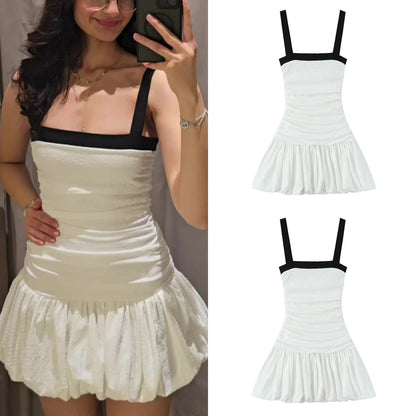 Female Summer Slim Mini Dresses White Square Collar Sleeveless Backless Plaeted Zipper New Dress