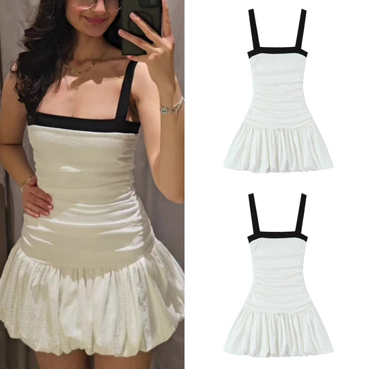 Female Summer Slim Mini Dresses White Square Collar Sleeveless Backless Plaeted Zipper New Dress