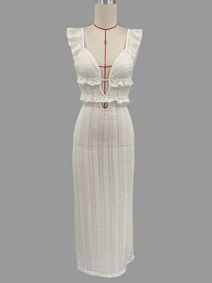 Deep V Neck Dresses Sleeveless Slim High Waist Long Dress Femme Holiday Knitted Beach Dress Woman