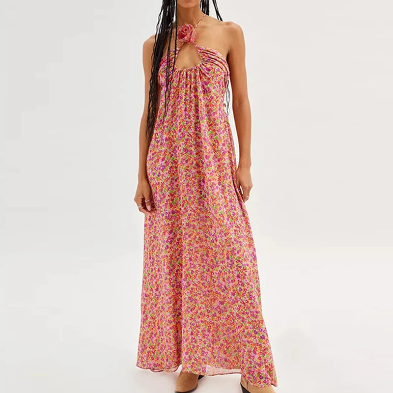 Cross Halter Rose Design Maxi Dress Spring Print Long Party Dress Summer Backless Hollow Holidays Dresses