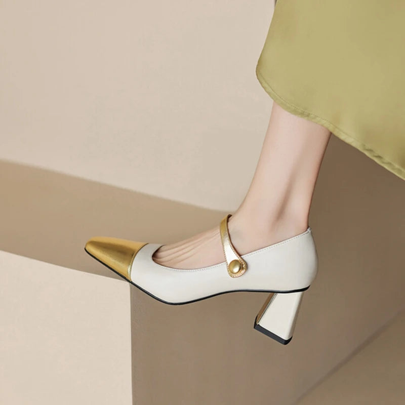 Spring/autumn Pumps Split Leather Shoes for Square Toe Chunky Heel High Heels Elegent Mixed Colors Mary Janes Shoes