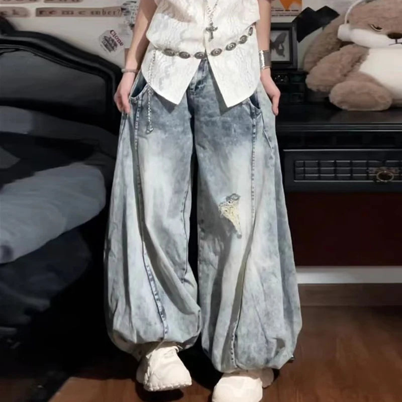 Y2k Jeans Aesthetic Harajuku Baggy Ripped Denim Trousers Summer 2000s Style Bloomers Jean Pants Light Blue