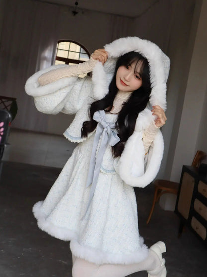 Autumn/winter New Set Sweet Girl Bow Plush Hooded Coat Slimming Aline Strap Camisole Dress Two Piece Sets Outfits