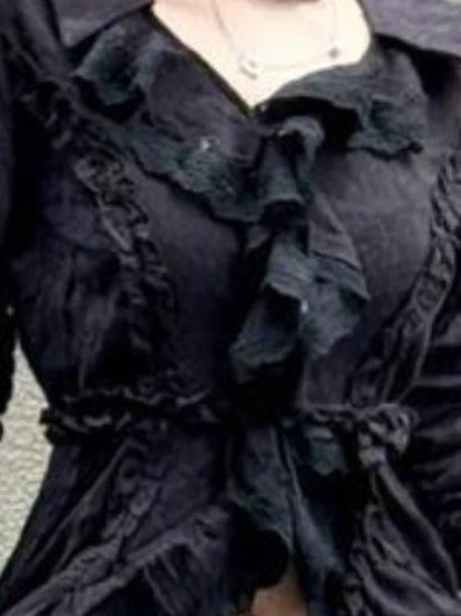 Pleated Blouse Ruffled Slim Harajuku Ruffled Tops Y2k Aesthetic Lace Patchwork Black Shirts De Mujer