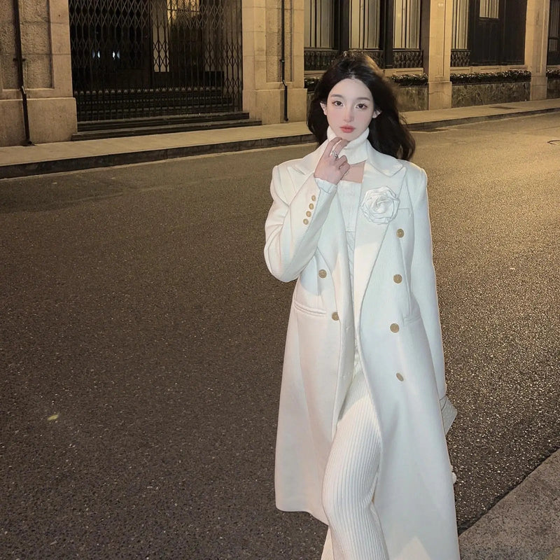 New High End White Suit Wool Coat Clothing Autumn and Winter New Loose Commuter Long Coats Winter Clothes