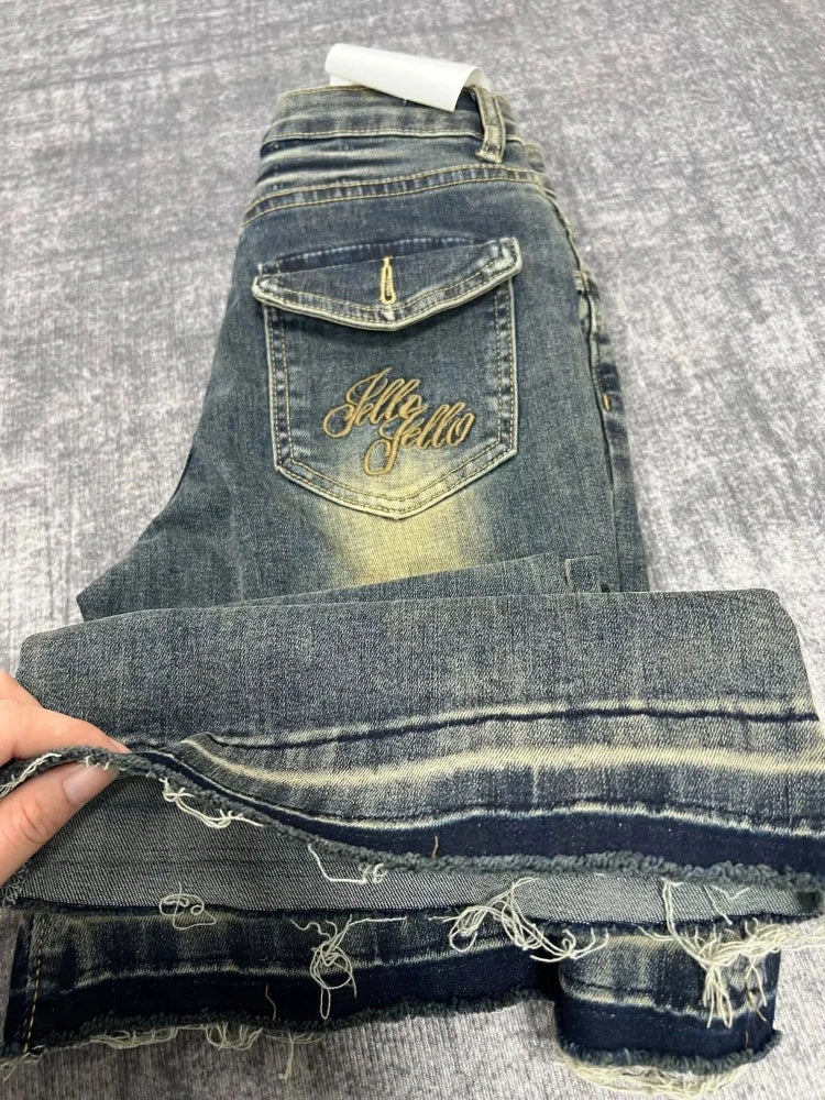 High Waist Flare Jeans Y2k Loose Embroidery Wide Leg Boot Cut Denim Pants Harajuku Do Old Bottoms