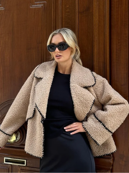 Contrasting One Button Lamb Woolen Coat Lapel Long Sleeves Short Plush Jacket Autumn Lady Street Outwear