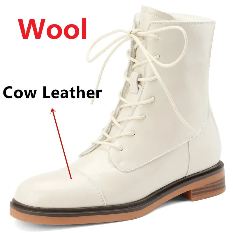 Autumn Winter Ankle Boots Office Genuine Leather Wool Low Heels Comfortable Shoes Woman