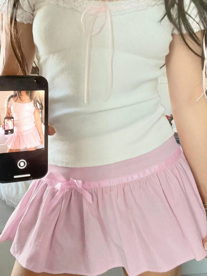 Sweet Y2k Kawaii Pink Bow Pleated Mini Lining Shorts Skirt Korean 2000s Clothing