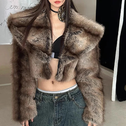 Retro Stripped Short Faux Fur Coat Winter Y3k Cropped Big Fur Collar Fox Fur Jacket