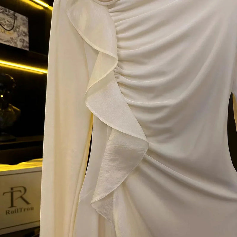 French Highend Temperament Long Sleeve White Dress for Autumn New Half High Neck 3d Flowers Slimming Maxi Dress