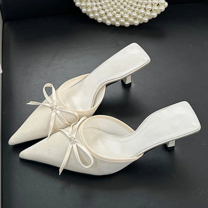 Spring New Butterflyknot Slipper Pointed Toe Slip on Mules Thin Low Heel Sandal Shoes Zapatos Mujer