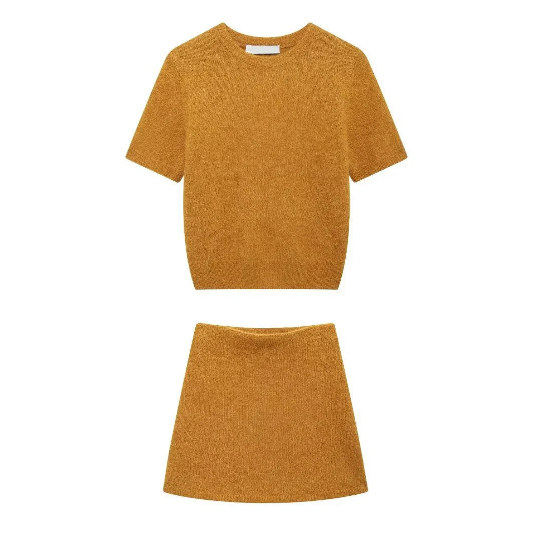New Knitted Skirts Sets O Neck Short Sleeve Crop Top+mini Skirt Suits Two-piece Set